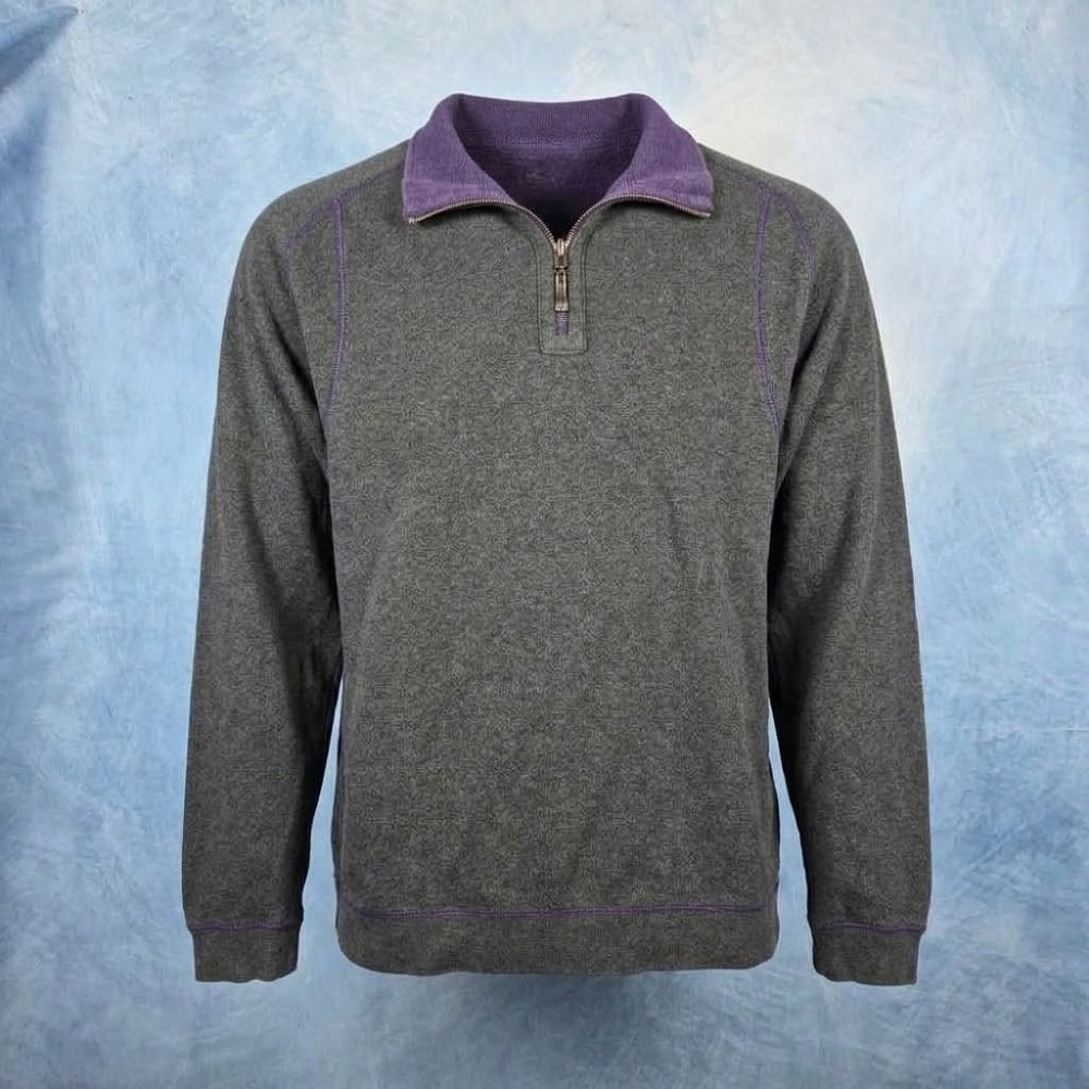 Tommy Bahama Mens Reversible Quarter Zip Pullover Sweatshirt Gray Purple Large
